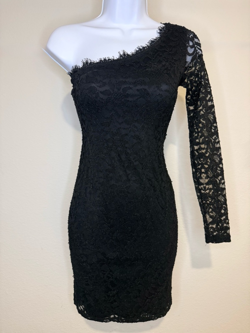 Express Lace One Shoulder Long Sleeve Mini Sheath Dress